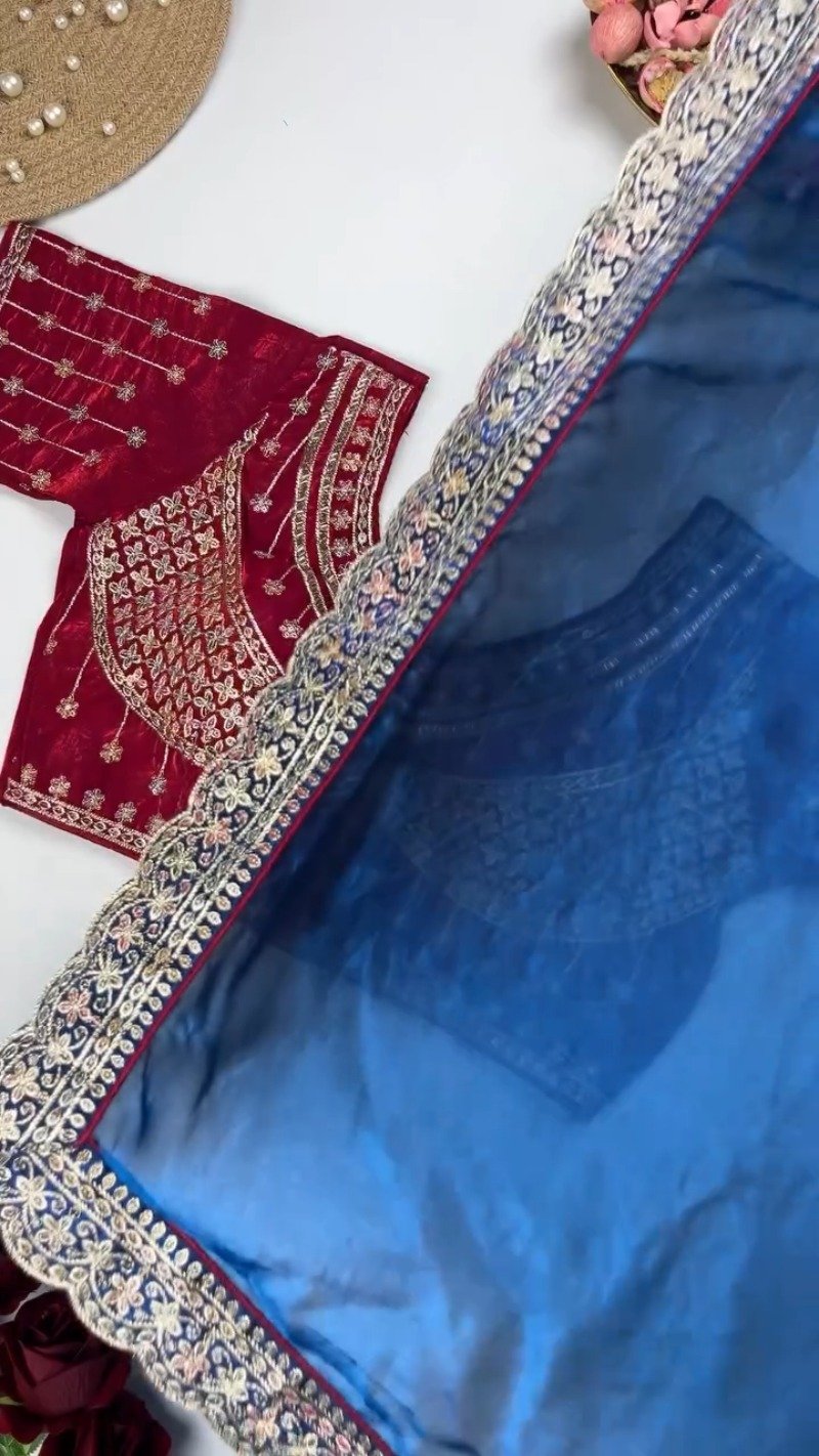 Royal Velvet Embroidered Blouse and Shimmer Saree Ensemble β Available in Wine, Midnight Blue, Emerald Green, Mustard Yellow & Red - Image 5