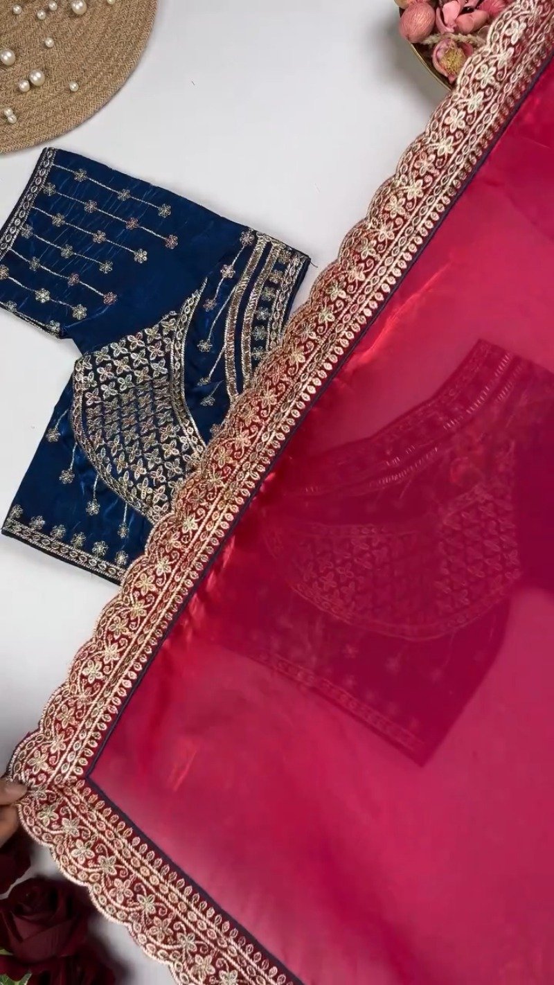 Royal Velvet Embroidered Blouse and Shimmer Saree Ensemble β Available in Wine, Midnight Blue, Emerald Green, Mustard Yellow & Red - Image 6