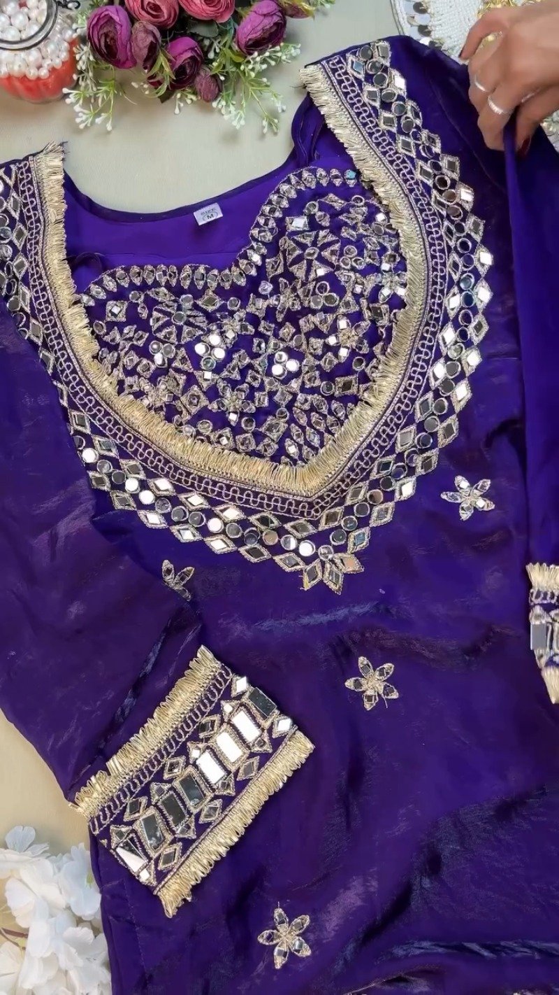 Royal Purple Mirror-Work Handcrafted Festive Kurta - Image 2