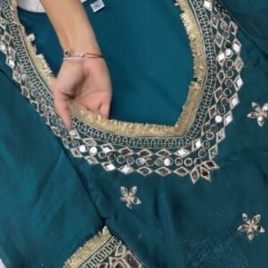 Enchanting Deep Teal Mirror-Work Kurta with Exquisite Gold Trim Details
