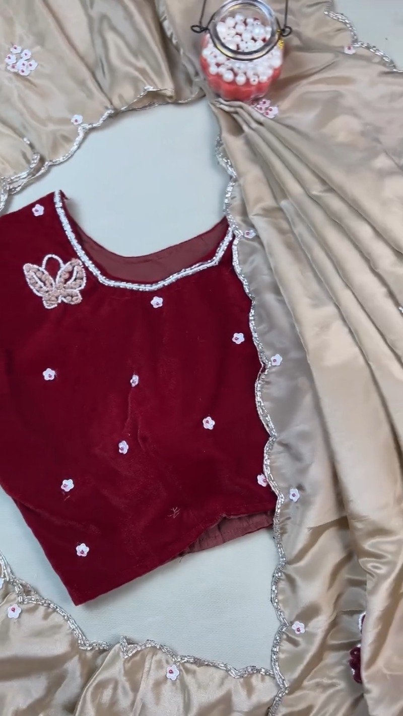 Enchanting Butterfly-Motif Velvet Blouse with Embellished Ruffle Saree β Available in Maroon & Champagne