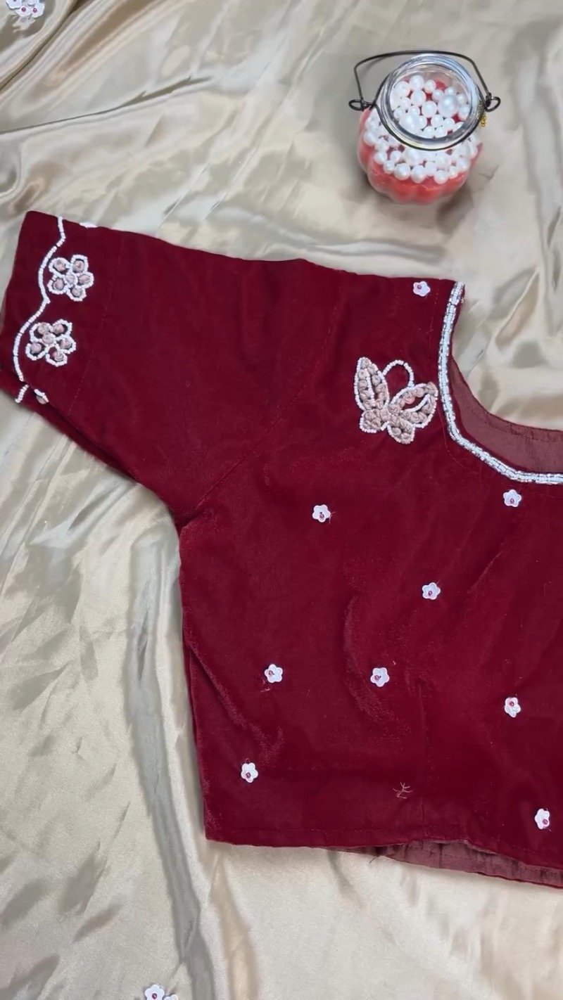 Enchanting Butterfly-Motif Velvet Blouse with Embellished Ruffle Saree β Available in Maroon & Champagne - Image 4
