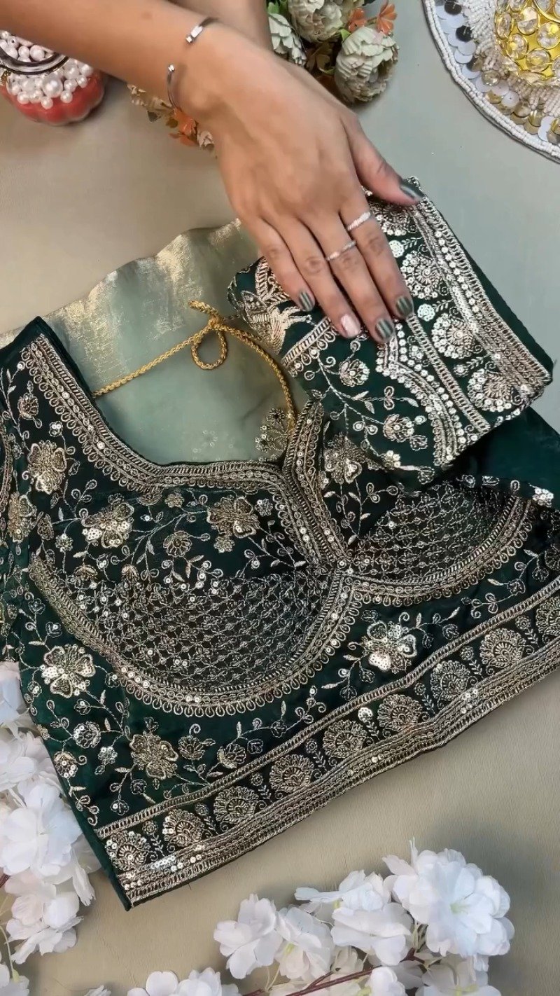 Emerald Green Velvet Blouse and Mint Shimmer Saree Set β A Dazzling Ethnic Ensemble - Image 2