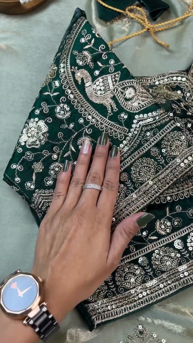 Emerald Green Velvet Blouse and Mint Shimmer Saree Set β A Dazzling Ethnic Ensemble - Image 7