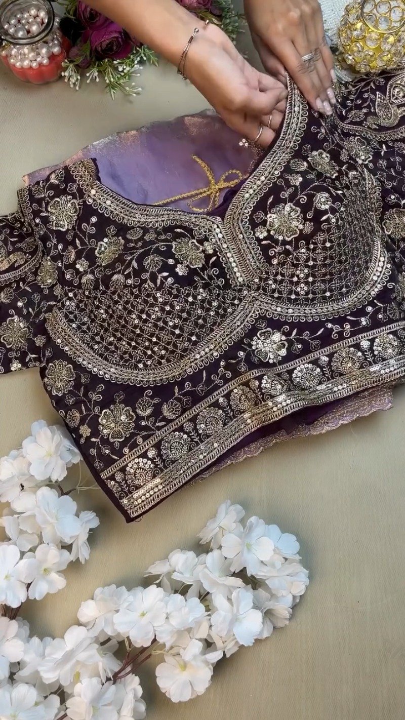 Royal Purple Elegance Embroidered Blouse and Saree Set - Image 3