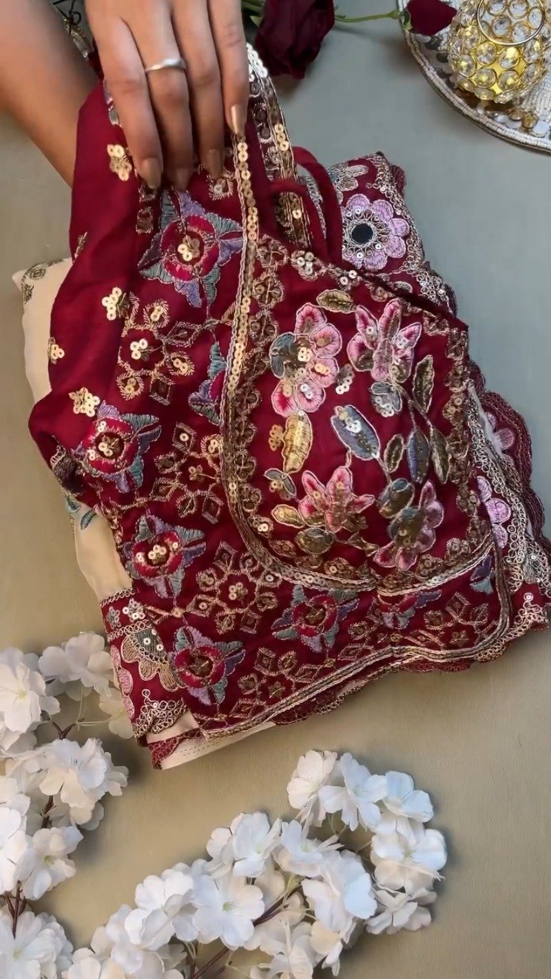 Regal Maroon & Soft Cream Embroidered Saree Ensemble β Available in Maroon & Cream - Image 2
