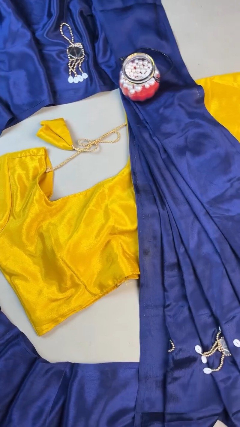 Midnight Blue Silk Saree with Vibrant Yellow Blouse โ Handcrafted Mirror & Shell Embellishments
