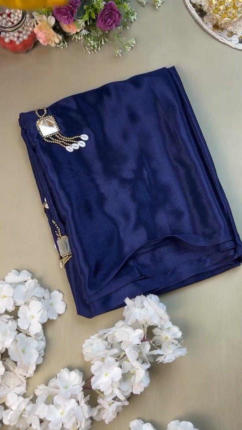 Midnight Blue Silk Saree with Vibrant Yellow Blouse โ Handcrafted Mirror & Shell Embellishments - Image 2