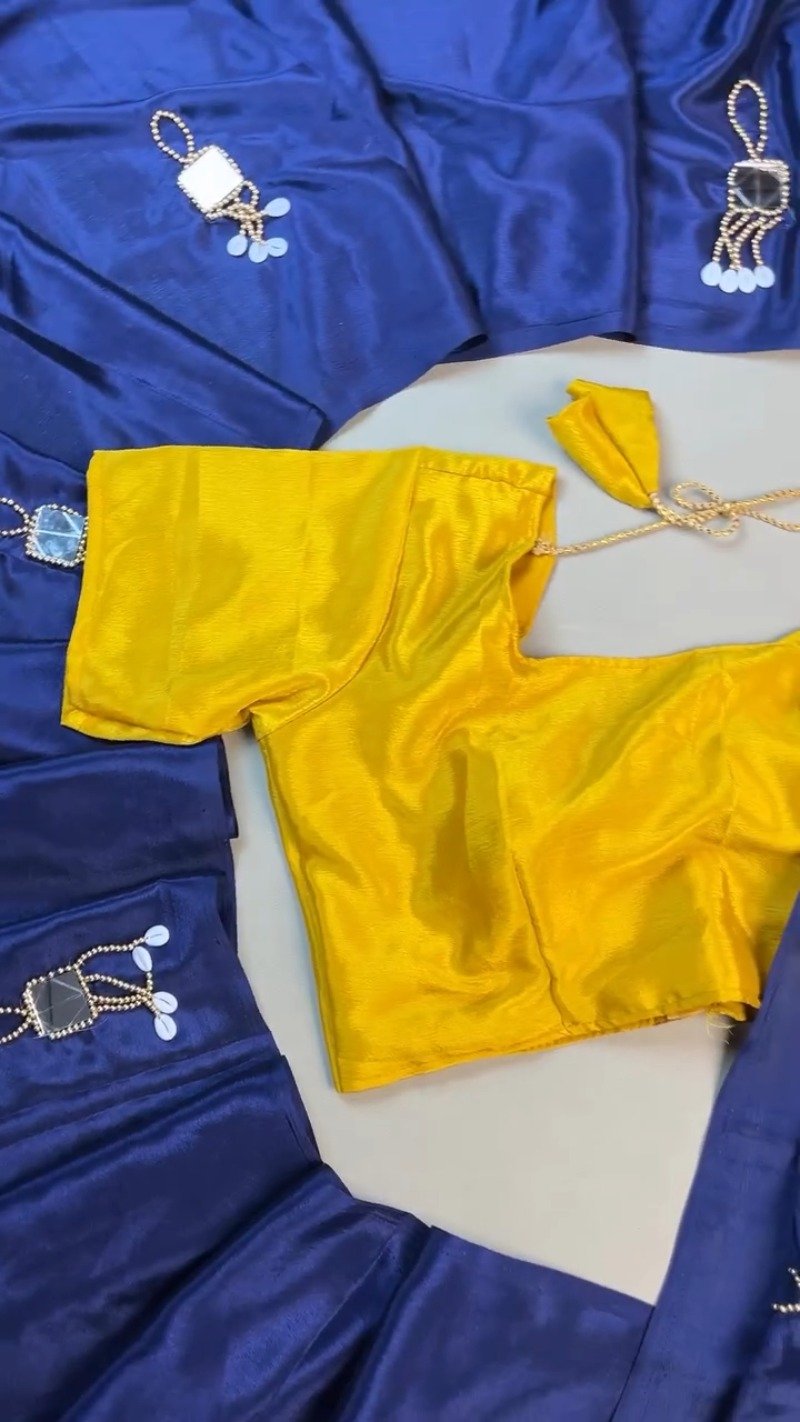 Midnight Blue Silk Saree with Vibrant Yellow Blouse โ Handcrafted Mirror & Shell Embellishments - Image 5