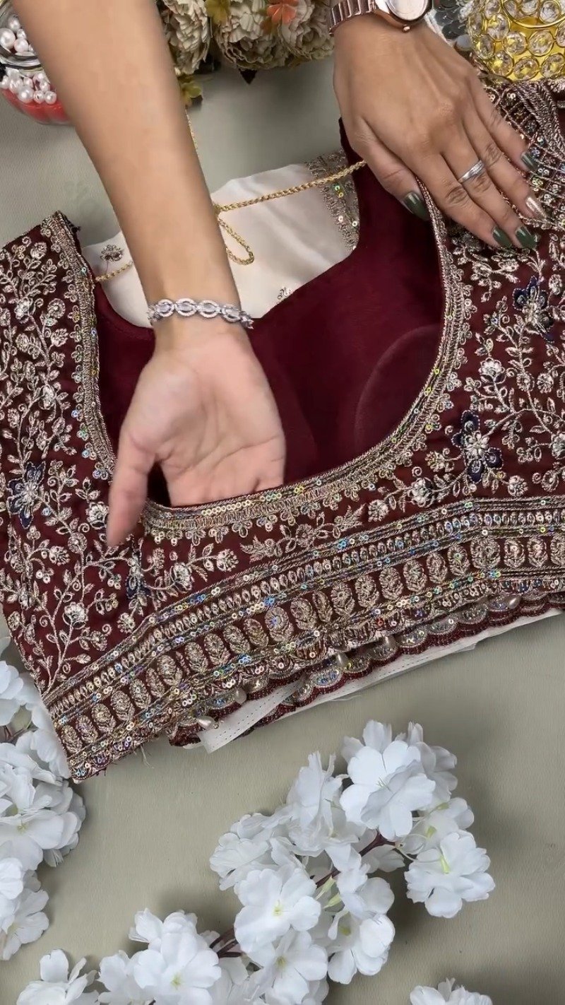 Midnight Maroon & Ivory Royal Embroidered Saree Set β Available in Maroon & Ivory - Image 3