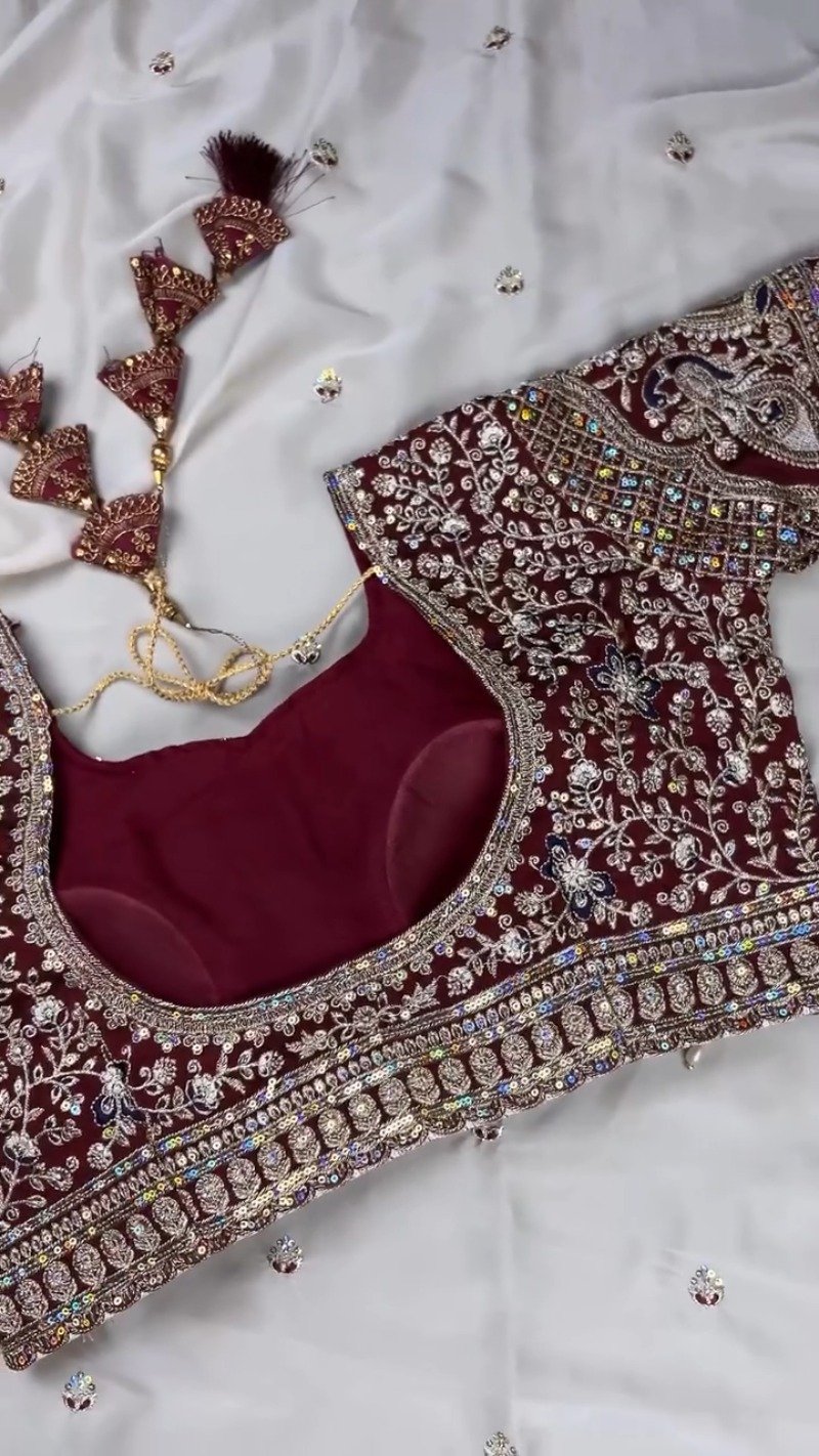 Midnight Maroon & Ivory Royal Embroidered Saree Set β Available in Maroon & Ivory - Image 5
