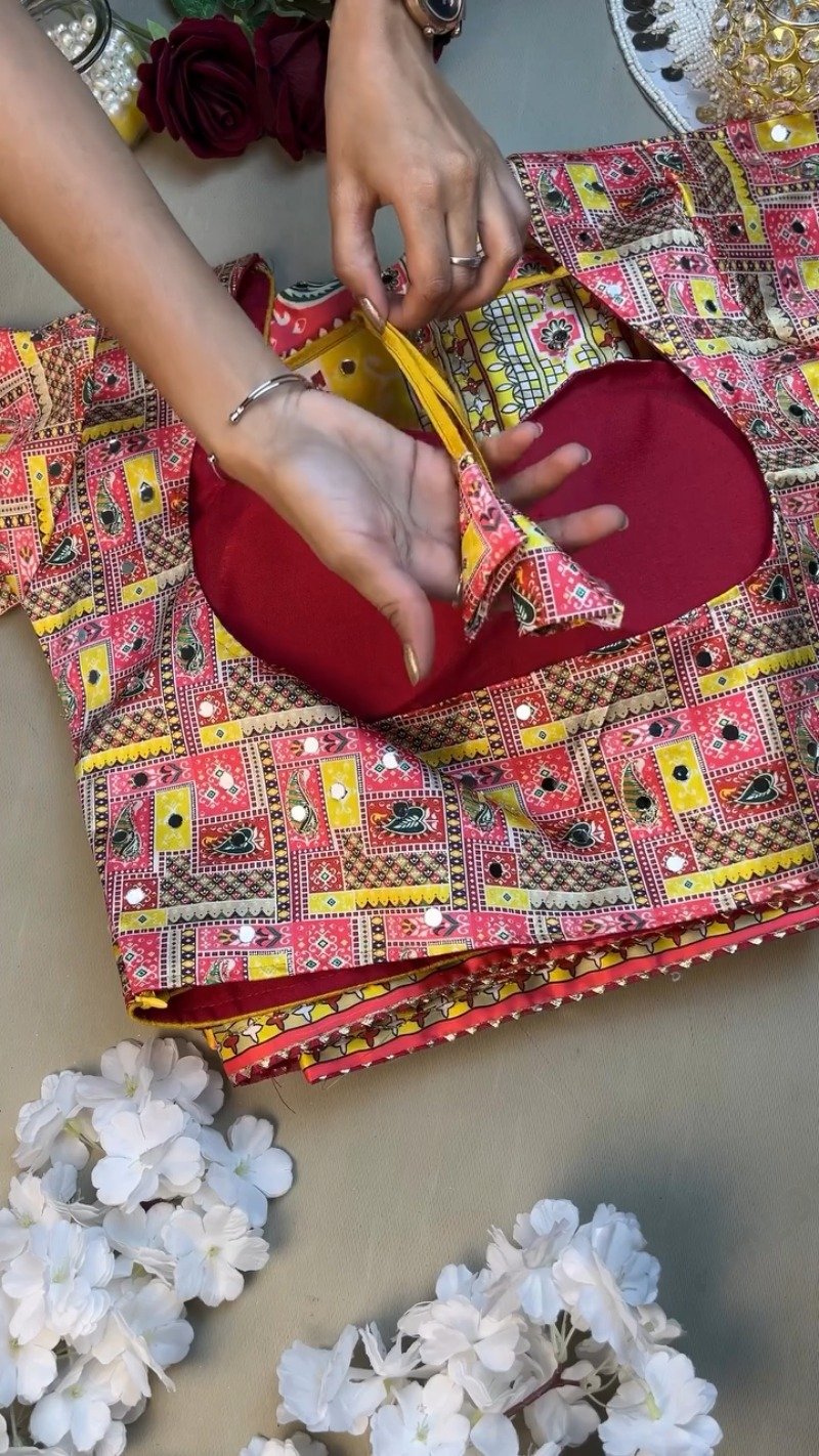 Vibrant Rajasthani Bandhani Inspired Mirror-Work Blouse and Lehenga Set - Image 2