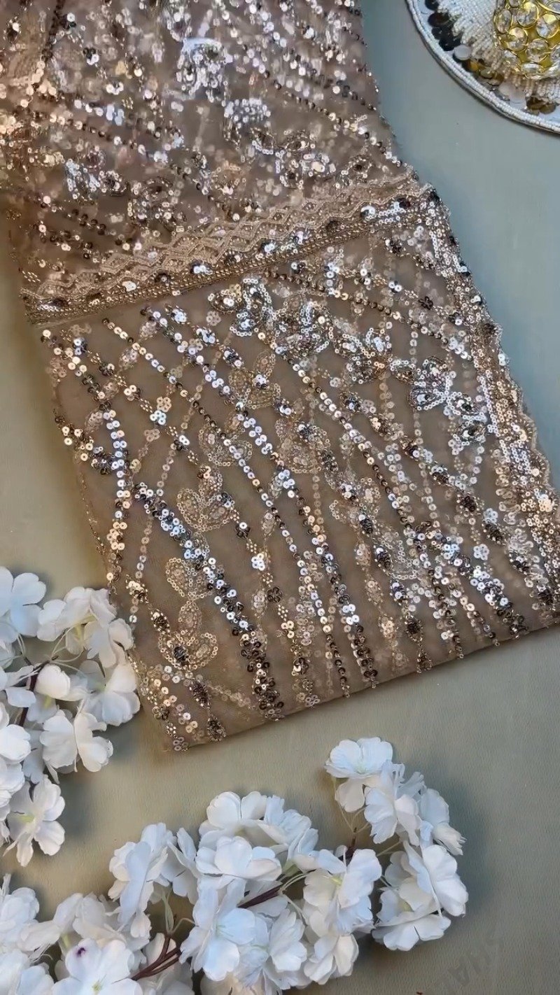 Opulent Champagne Shimmer Sequin-Embellished Net Saree β A Masterpiece of Glitz