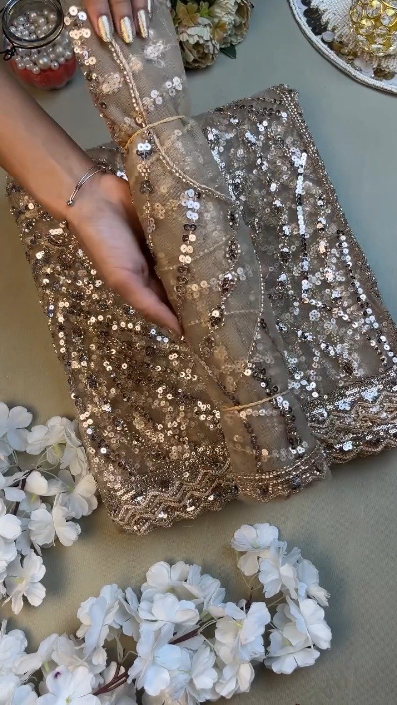 Opulent Champagne Shimmer Sequin-Embellished Net Saree β A Masterpiece of Glitz - Image 2