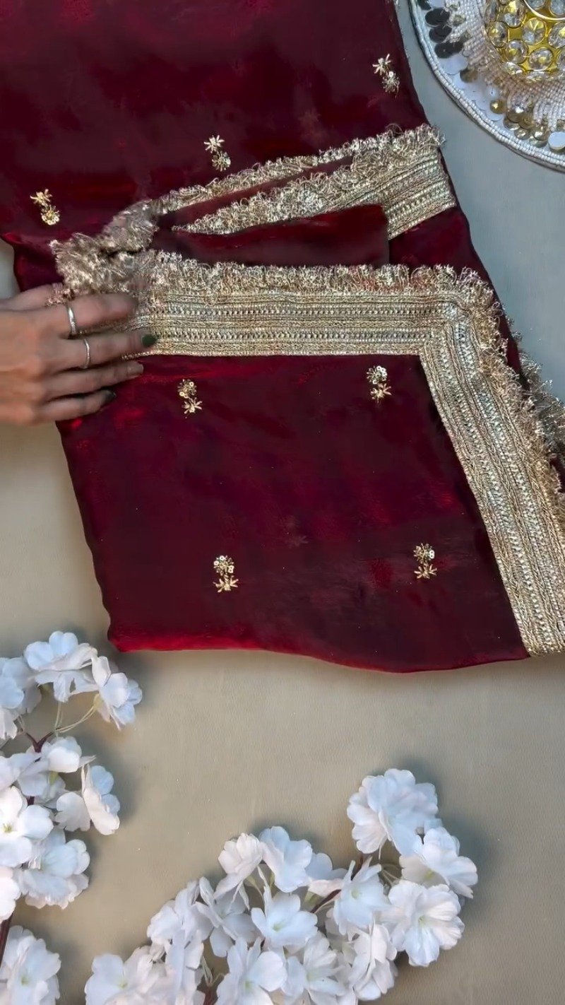 Opulent Velvet & Silk Dupatta Set β Available in Deep Burgundy & Elegant Beige - Image 2