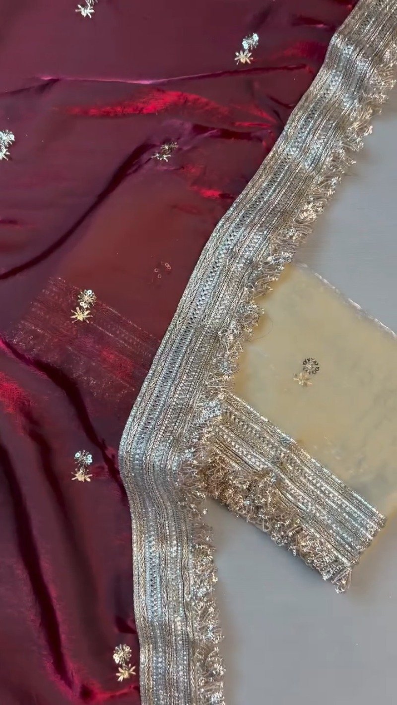 Opulent Velvet & Silk Dupatta Set β Available in Deep Burgundy & Elegant Beige - Image 5