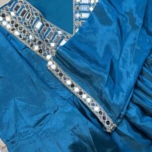 Royal Teal Mirror-Embellished Velvet-Feel Kurta Set