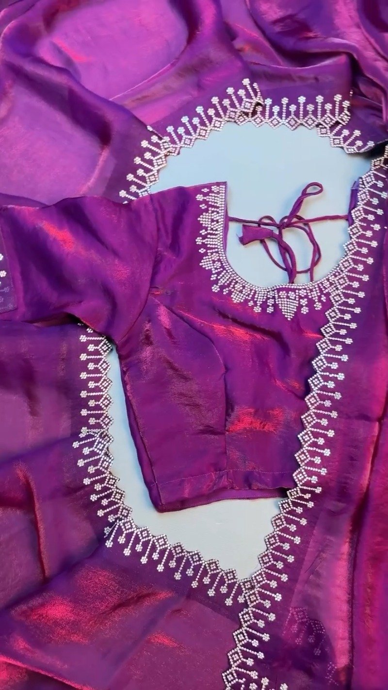 Enchanting Plum Shimmer Stone-Embellished Saree Set