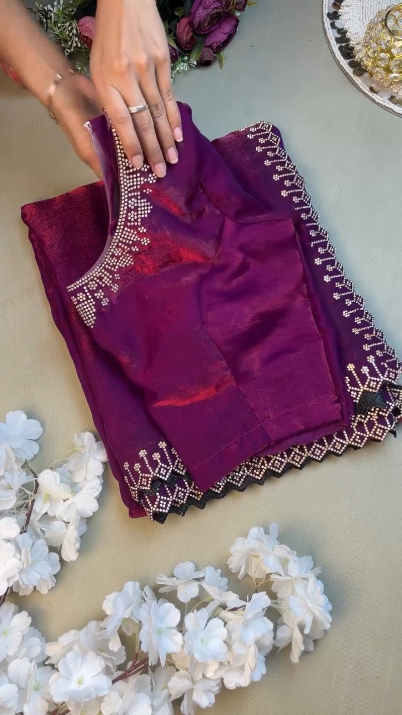 Enchanting Plum Shimmer Stone-Embellished Saree Set - Image 2