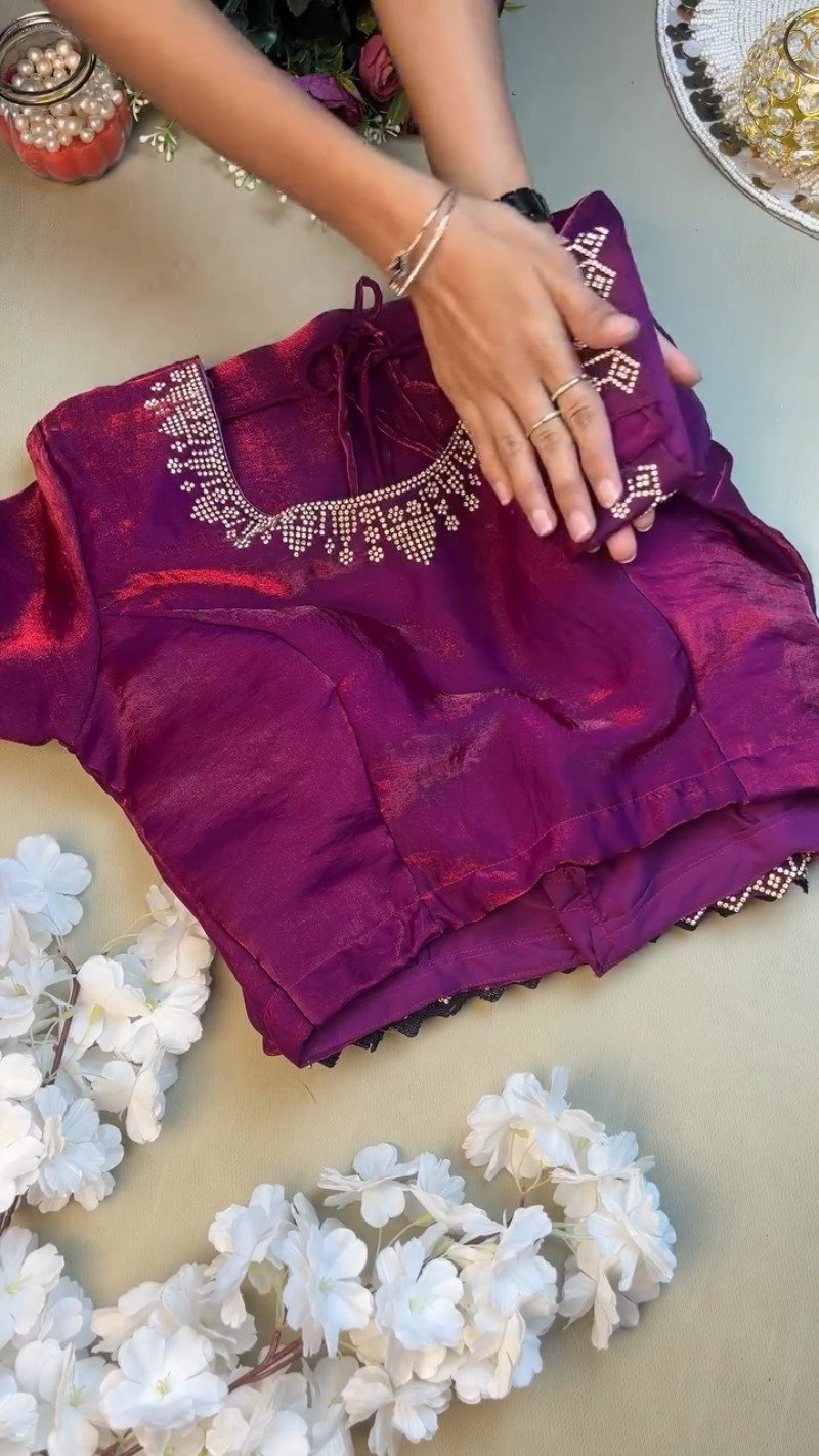 Enchanting Plum Shimmer Stone-Embellished Saree Set - Image 3