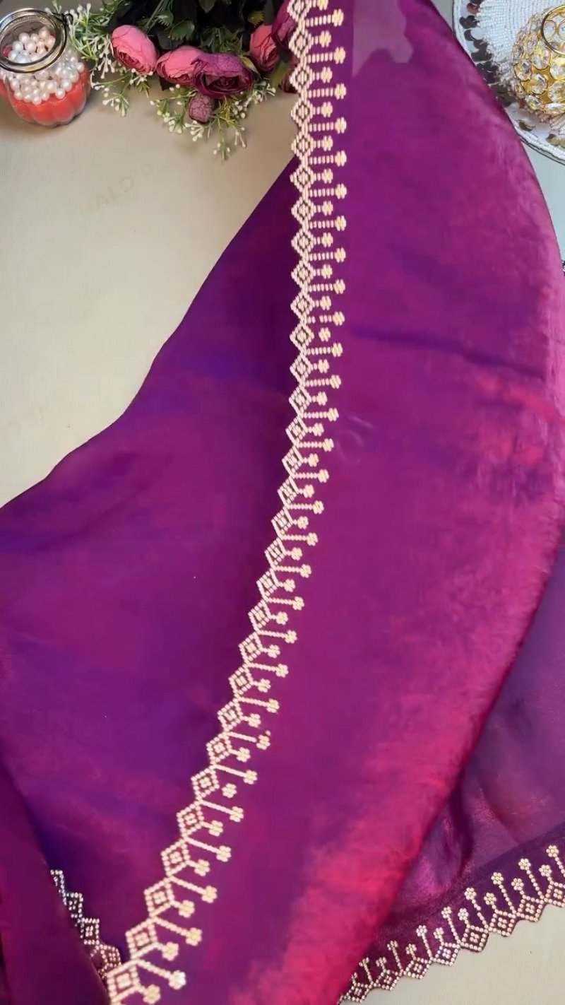Enchanting Plum Shimmer Stone-Embellished Saree Set - Image 4