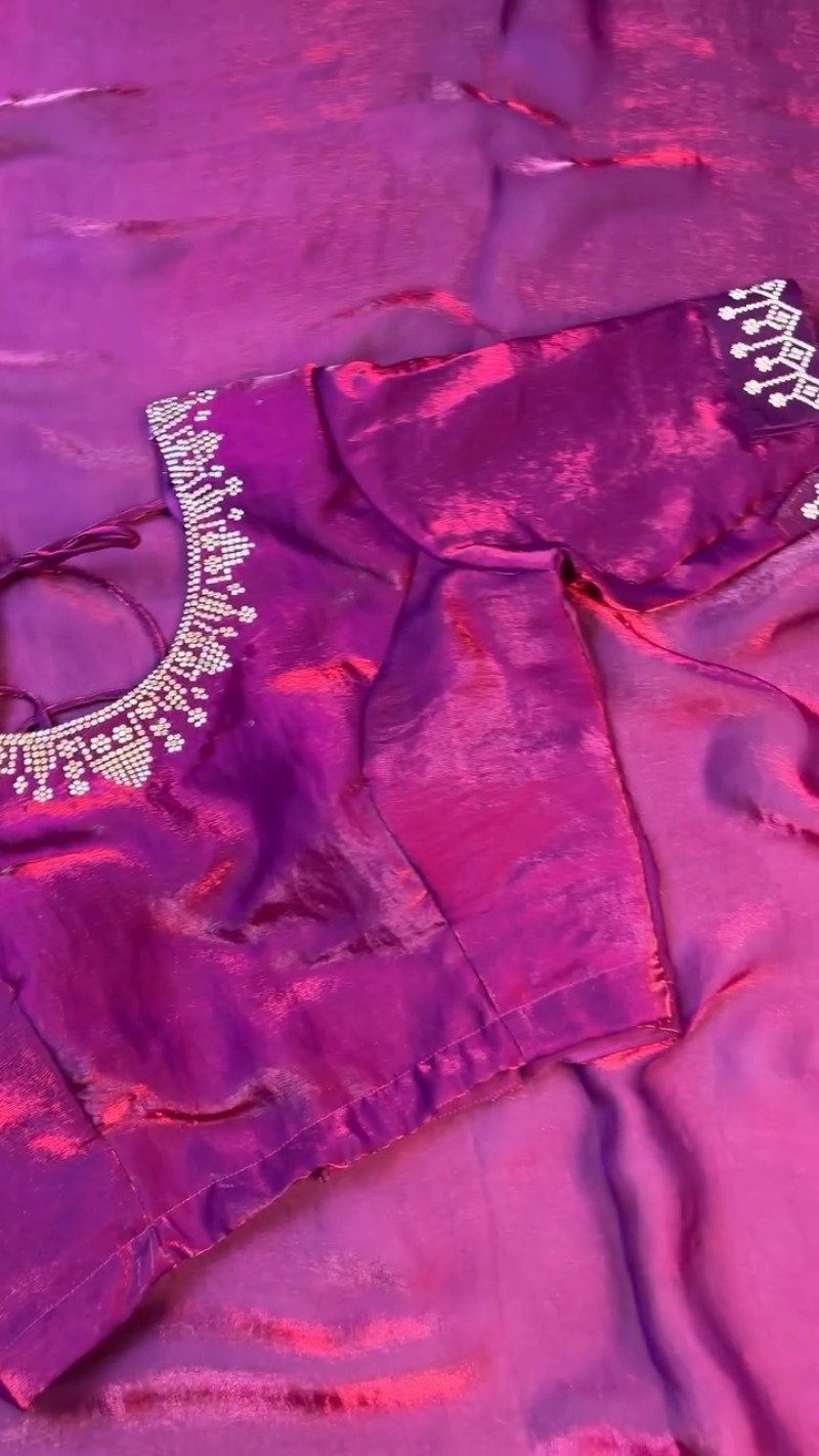 Enchanting Plum Shimmer Stone-Embellished Saree Set - Image 6