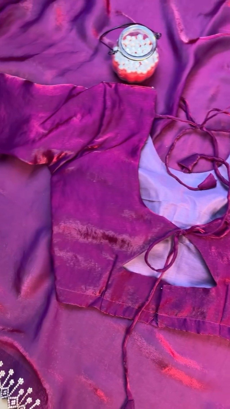 Enchanting Plum Shimmer Stone-Embellished Saree Set - Image 7
