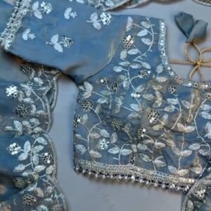 Enchanting Dusty Blue Shimmer Organza Saree Set with Silver Zari Embroidery