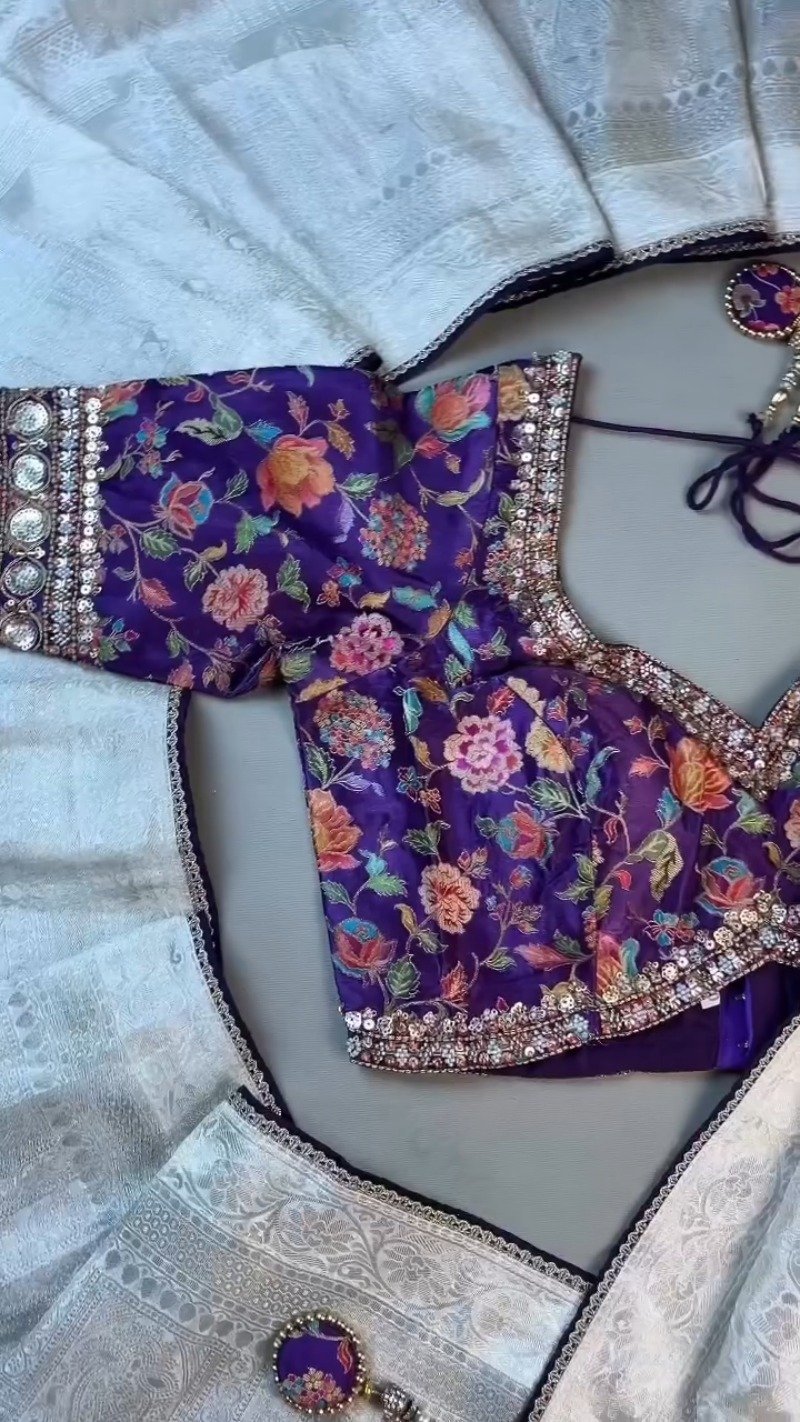 Royal Purple Floral Embroidered Silk Blouse & Off-White Kanjeevaram Saree Set