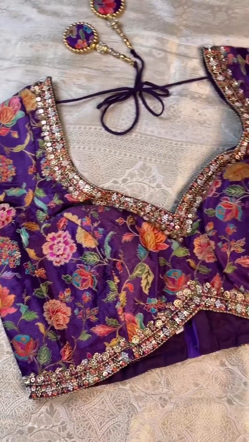 Royal Purple Floral Embroidered Silk Blouse & Off-White Kanjeevaram Saree Set - Image 6