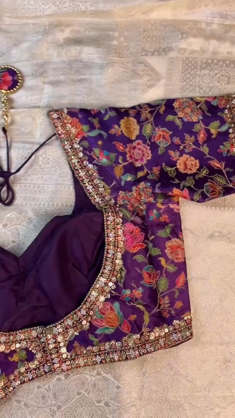 Royal Purple Floral Embroidered Silk Blouse & Off-White Kanjeevaram Saree Set - Image 7