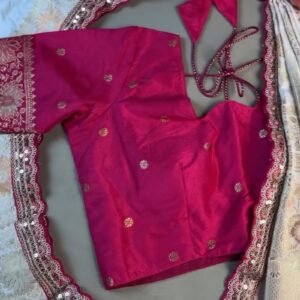 Regal White and Fuchsia Silk Brocade Saree with Hand-Embroidered Blouse