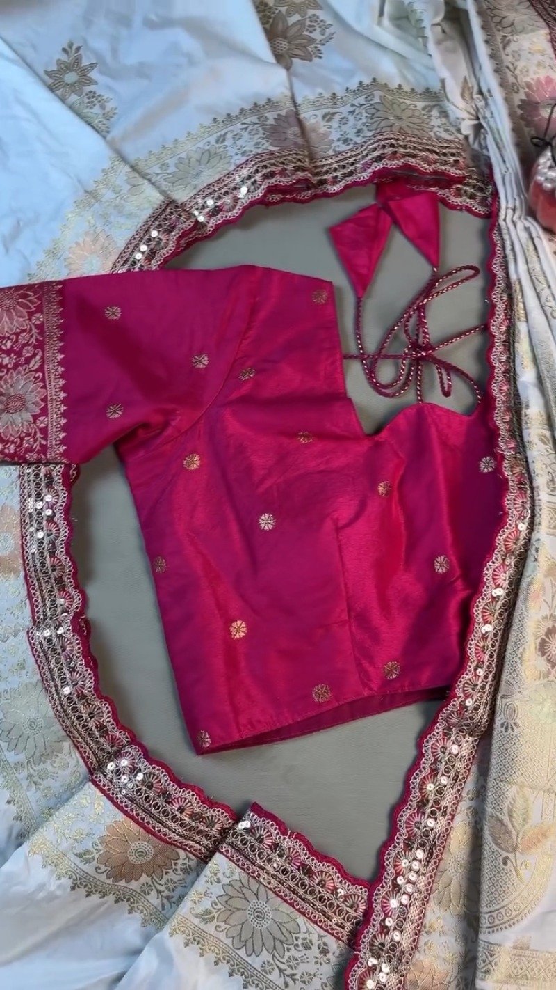 Regal White and Fuchsia Silk Brocade Saree with Hand-Embroidered Blouse