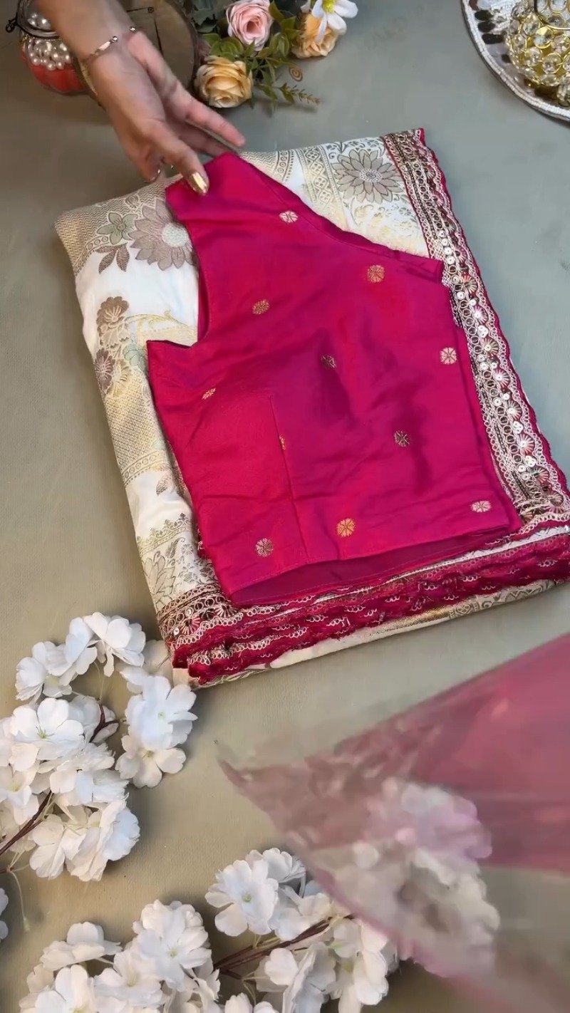 Regal White and Fuchsia Silk Brocade Saree with Hand-Embroidered Blouse - Image 2