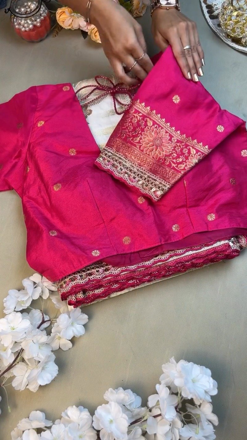 Regal White and Fuchsia Silk Brocade Saree with Hand-Embroidered Blouse - Image 3