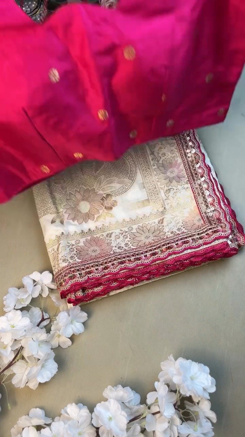 Regal White and Fuchsia Silk Brocade Saree with Hand-Embroidered Blouse - Image 4