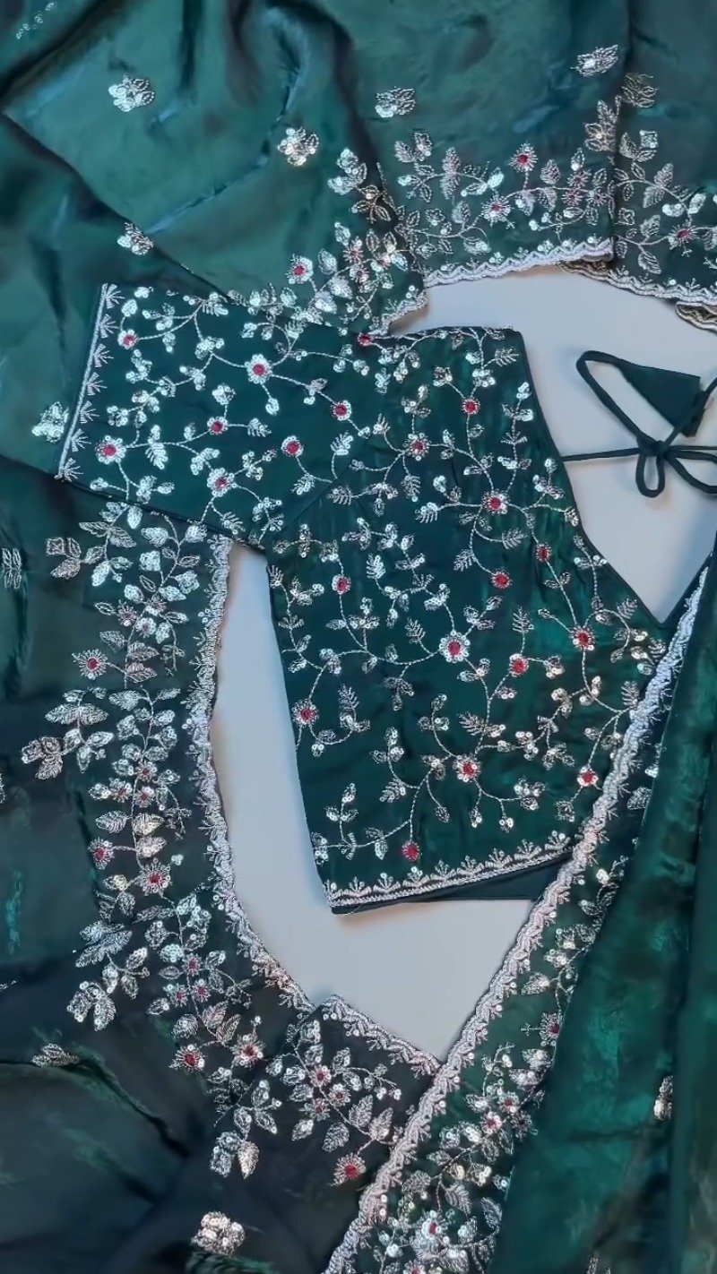 Midnight Emerald Embroidered Silk Blouse β A Timeless Ethnic Essential