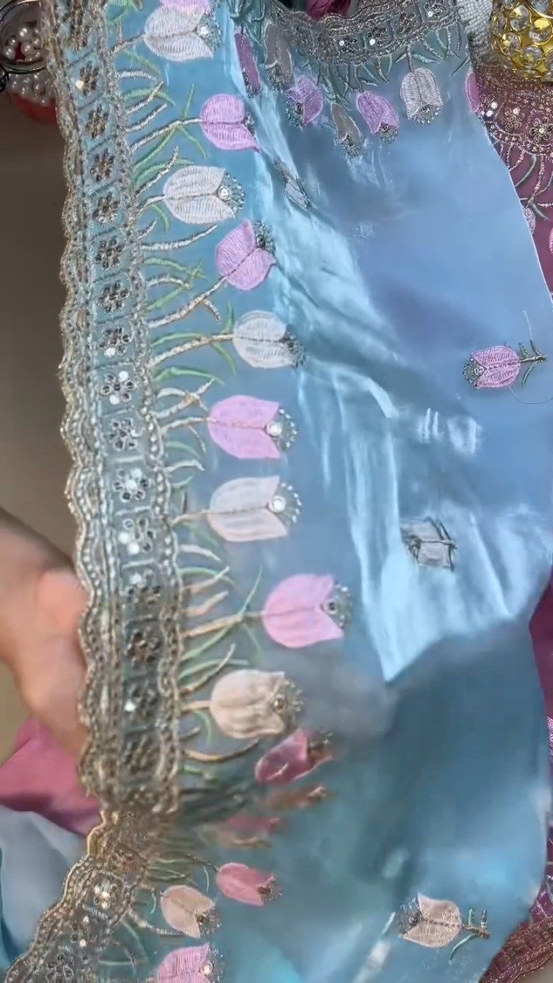 Floral Tulip Embroidered Designer Saree with Embellished Blouse β Available in Radiant Pink & Serene Sky Blue - Image 4