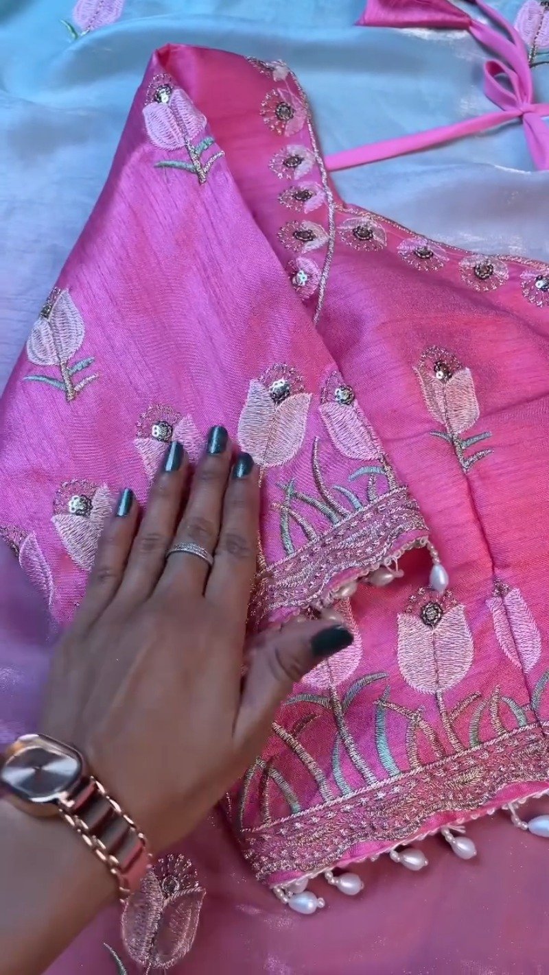 Floral Tulip Embroidered Designer Saree with Embellished Blouse β Available in Radiant Pink & Serene Sky Blue - Image 5