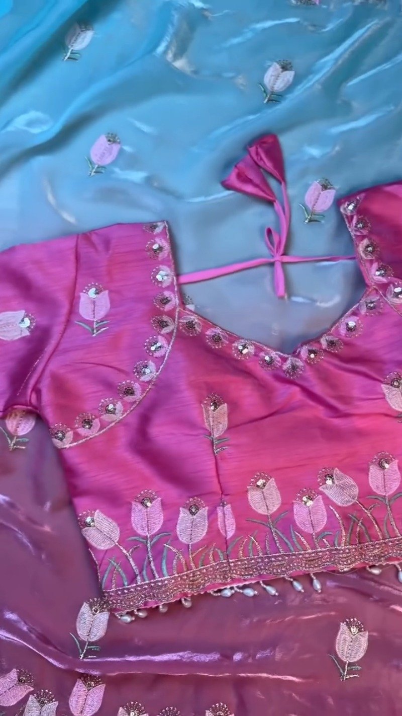 Floral Tulip Embroidered Designer Saree with Embellished Blouse β Available in Radiant Pink & Serene Sky Blue - Image 6