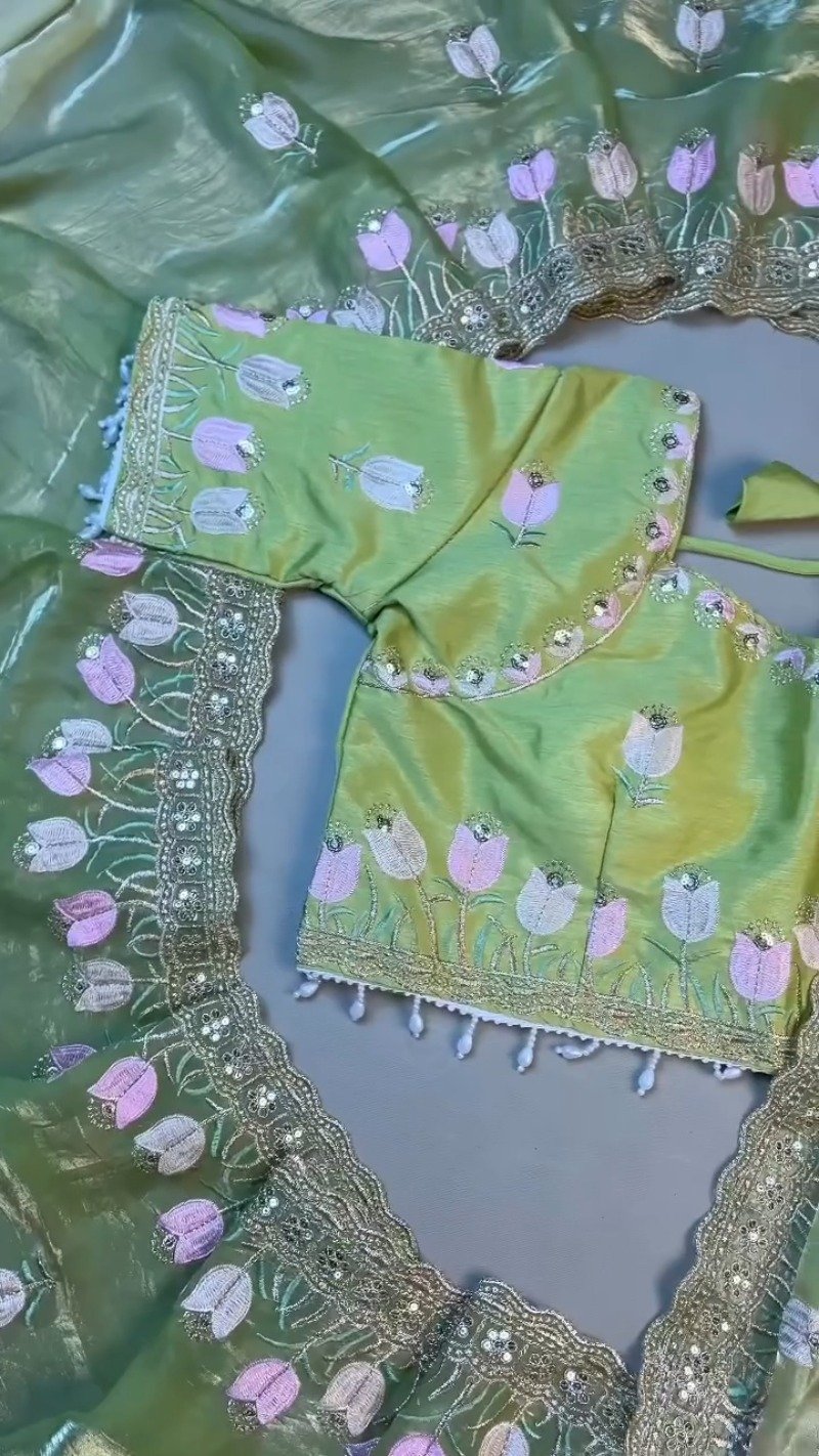 Verdant Blossom Organza Saree & Embroidered Blouse Set β Available in Lime Green & Golden Yellow