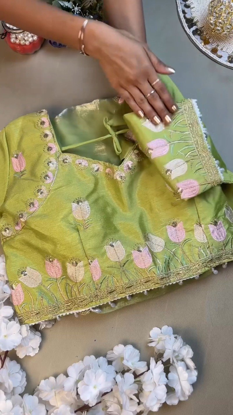 Verdant Blossom Organza Saree & Embroidered Blouse Set β Available in Lime Green & Golden Yellow - Image 3