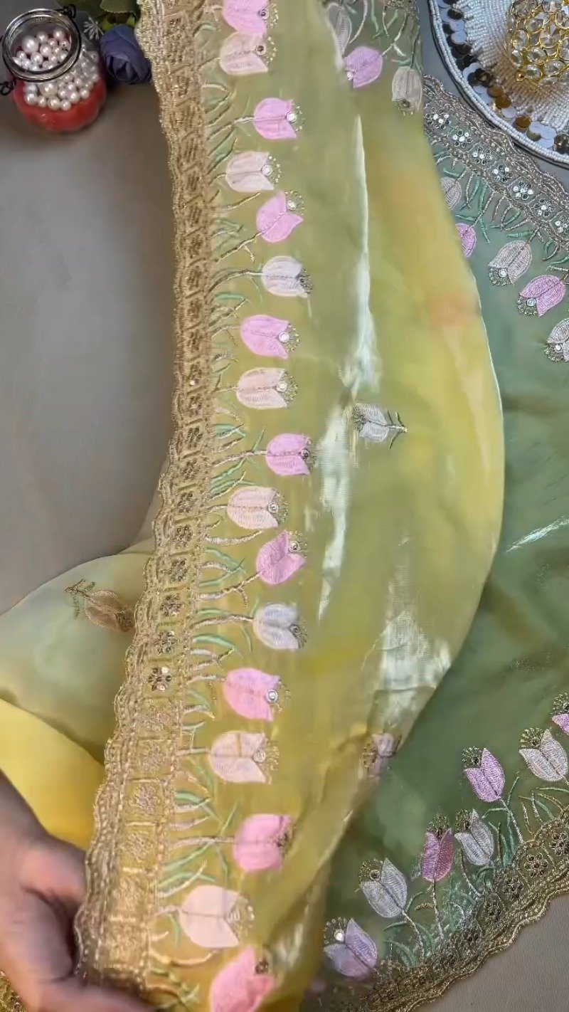 Verdant Blossom Organza Saree & Embroidered Blouse Set β Available in Lime Green & Golden Yellow - Image 5