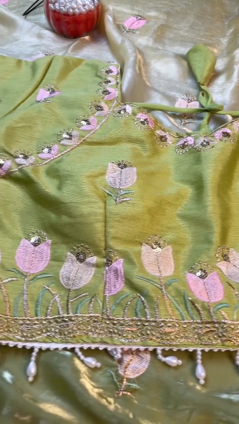 Verdant Blossom Organza Saree & Embroidered Blouse Set β Available in Lime Green & Golden Yellow - Image 6