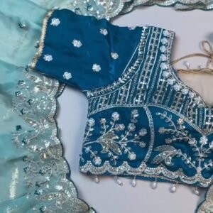 Midnight Teal & Aqua Azure Designer Blouse and Saree Set – Available in Midnight Teal & Aqua Azure