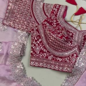 Enchanting Lilac Organza Saree & Maroon Velvet Blouse Set – Available in Lilac & Maroon