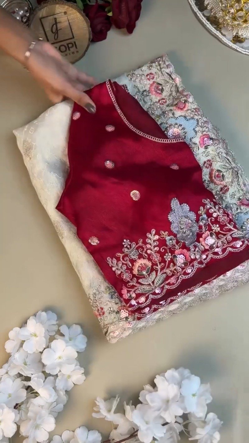 Opulent Floral Embroidered Ethnic Suit Set โ Available in Deep Crimson & Classic Ivory - Image 2