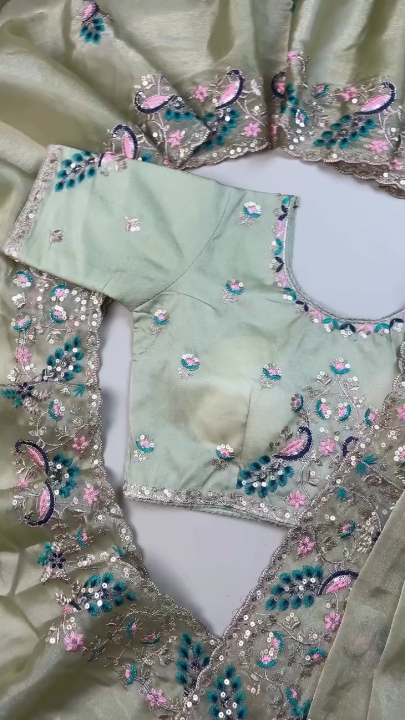 Celestia Sage Green Embroidered Saree Set with Peacock Motif Blouse