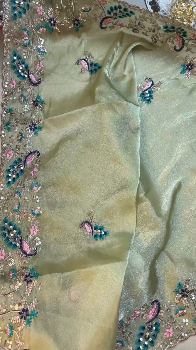Celestia Sage Green Embroidered Saree Set with Peacock Motif Blouse - Image 4