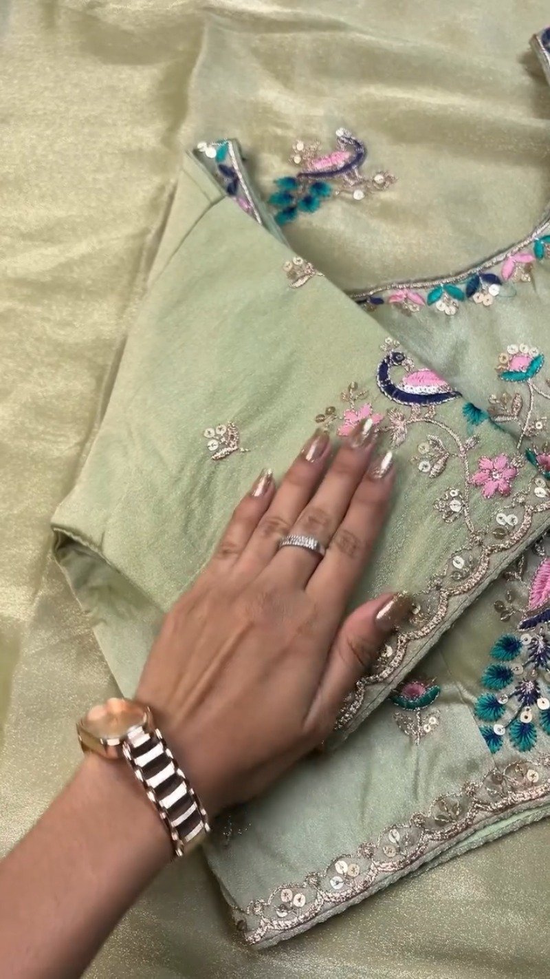 Celestia Sage Green Embroidered Saree Set with Peacock Motif Blouse - Image 6